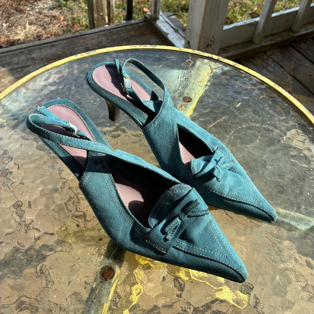 Y2K Suede Teal Bow Pointed Toe Kitten Heels Size 9.5